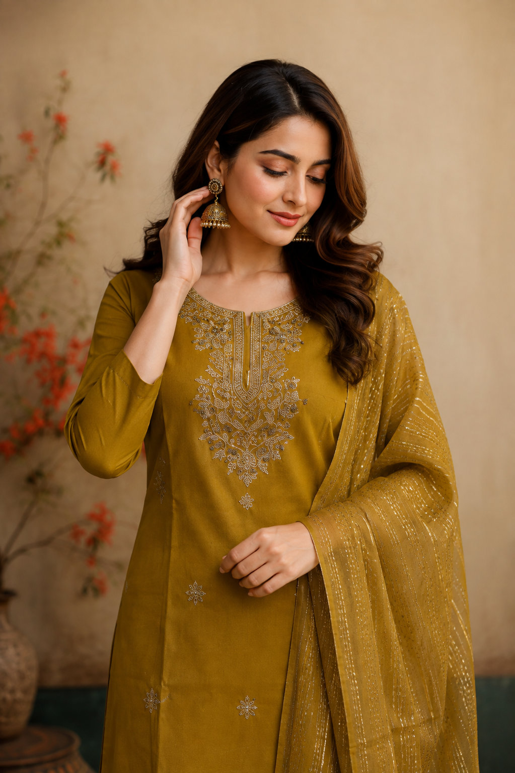 Mustard yellow Embroidered Kurti Pant & Dupatta Se