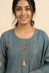 Dusty Blue Floral Embroidered Kurta Dupatta Set