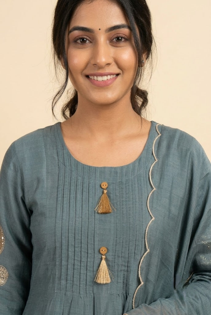 Dusty Blue Floral Embroidered Kurta Dupatta Set