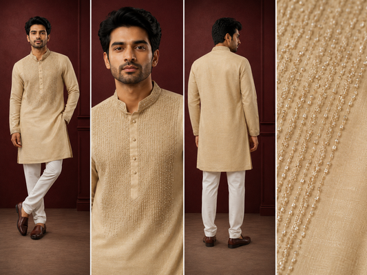 Champagne Beige Embellished Festive Kurta Set for Men