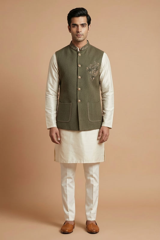 Olive Green Embroidered Nehru Jacket