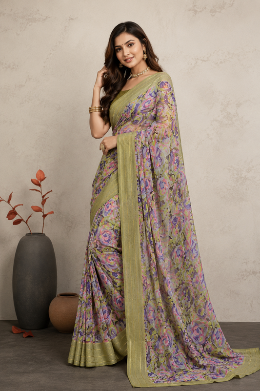 Women's Olive Green Border Floral Printed Saree | Elegant Lightweight Party & Festive Wear