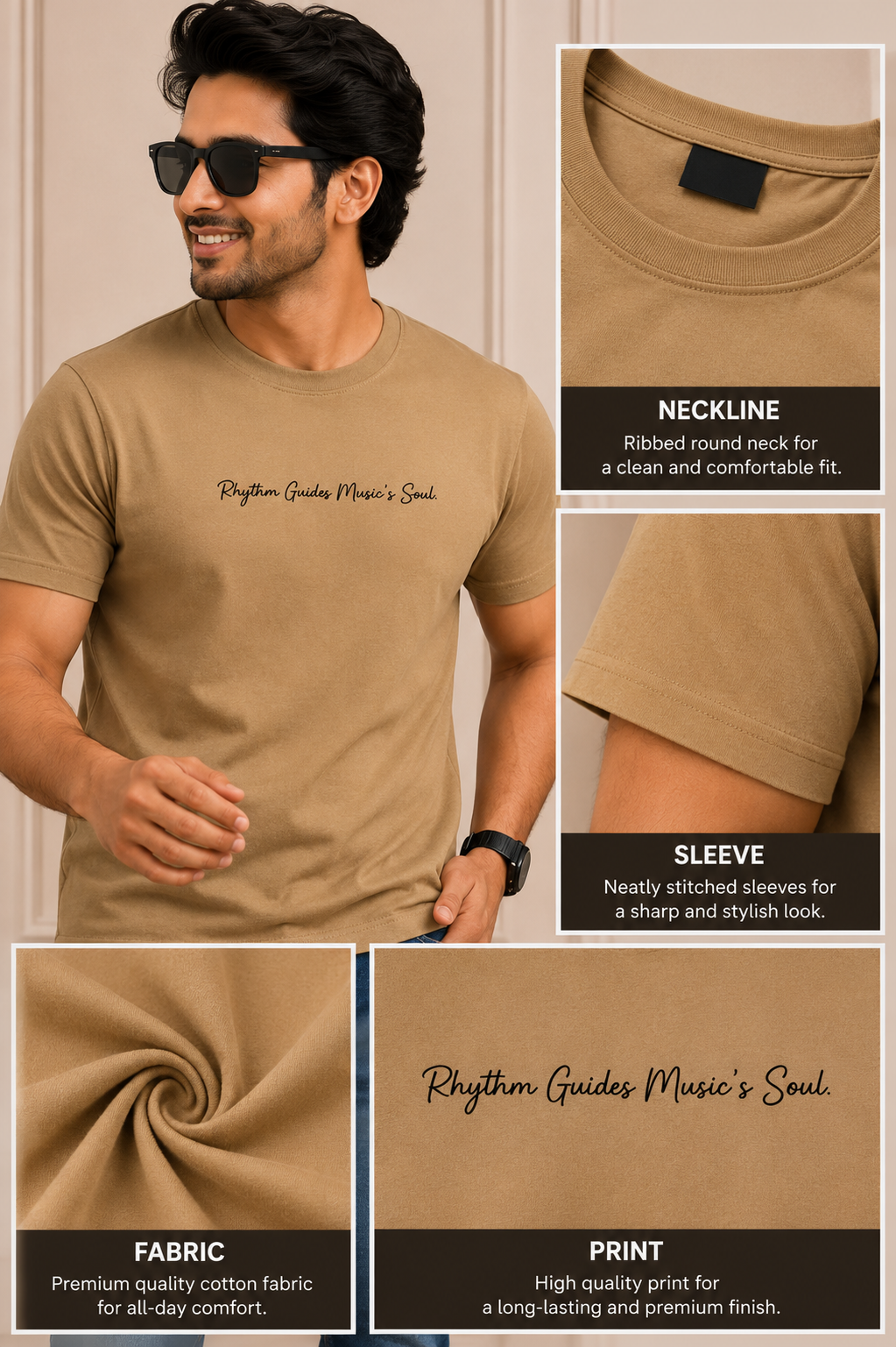 Rhythm Guides Music's Soul Graphic T-Shirt – Camel Brown | Premium Cotton Casual Wear