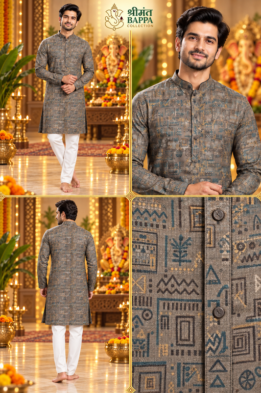 Men's Charcoal Geometric Print Long Sleeve Kurta
