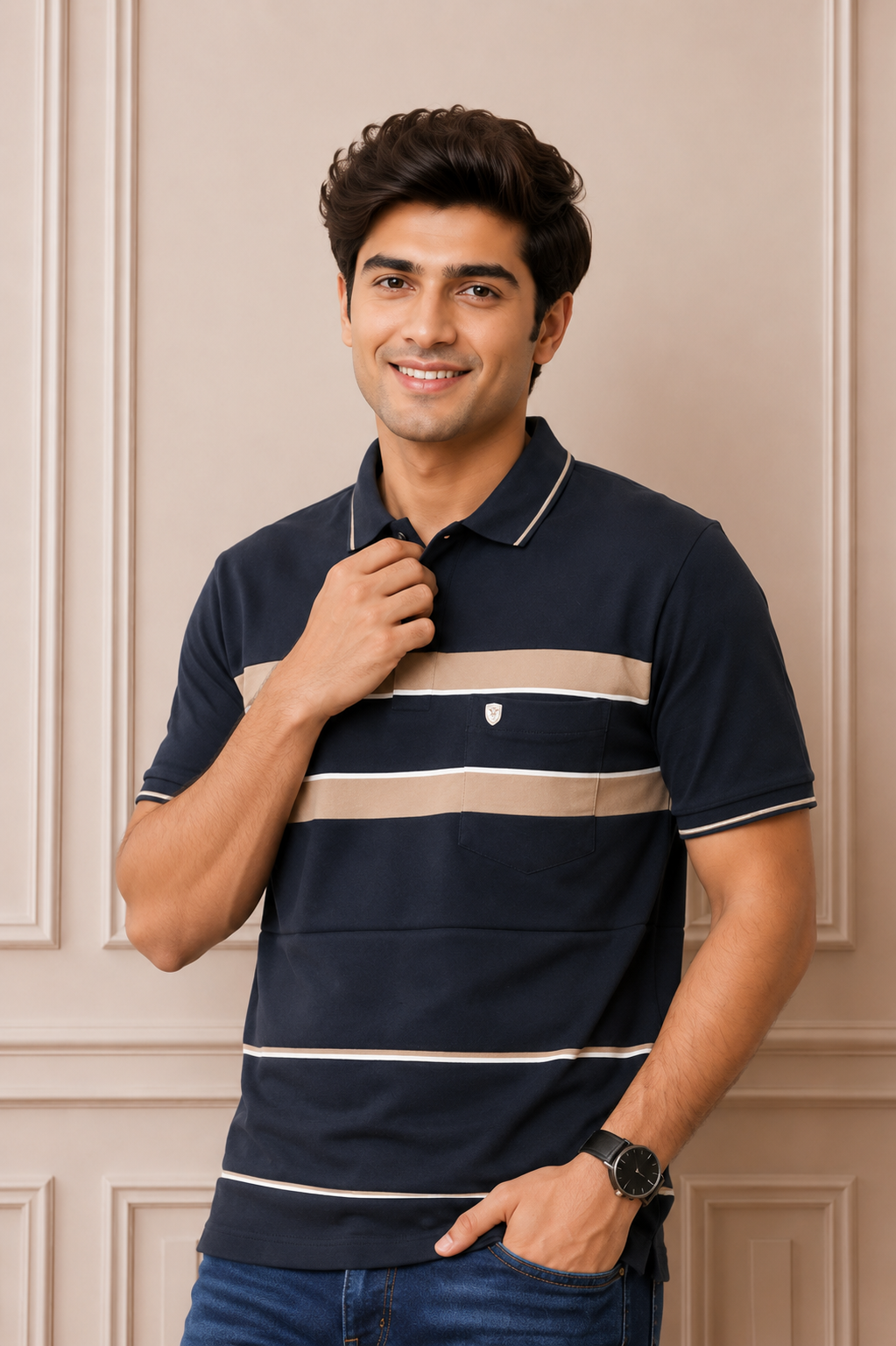 Men's Navy Blue Striped Polo T-Shirt – Premium Cotton Casual Wear