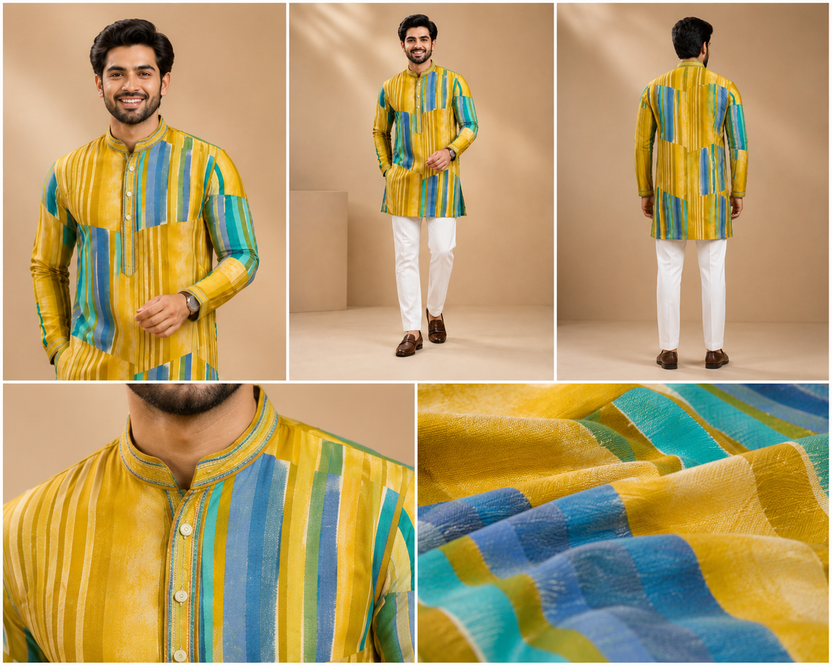 Mustard & Teal Striped Festive Kurta Set for Men