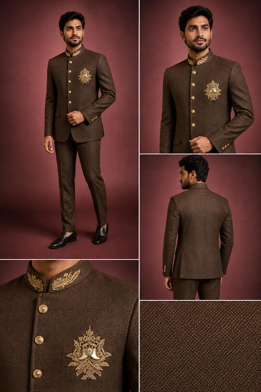 Chocolate Brown Embroidered Jodhpuri Suit
