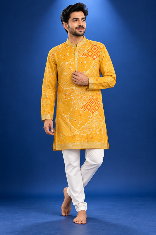 Mustard Yellow Printed Festive Kurta Set