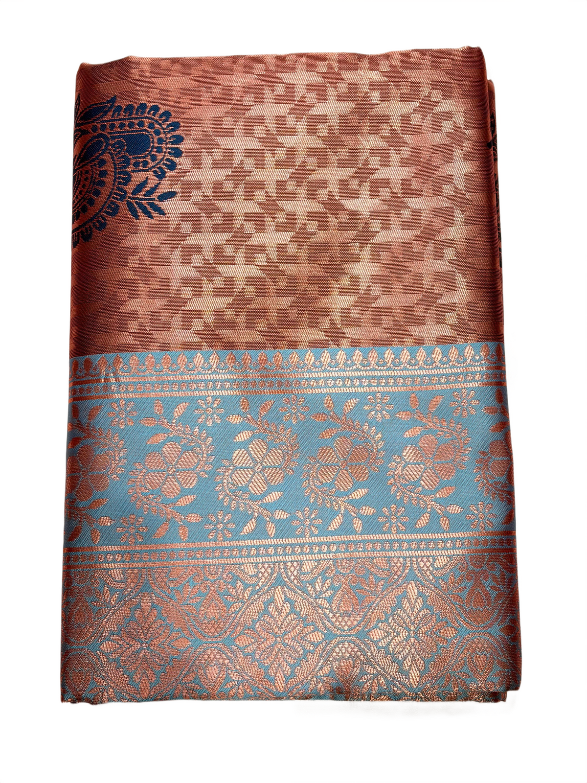 Elegant Peach & Sky Blue Woven Silk Saree with Paisley Motifs and Rich Pallu