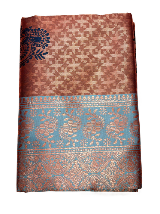 Elegant Peach & Sky Blue Woven Silk Saree with Paisley Motifs and Rich Pallu