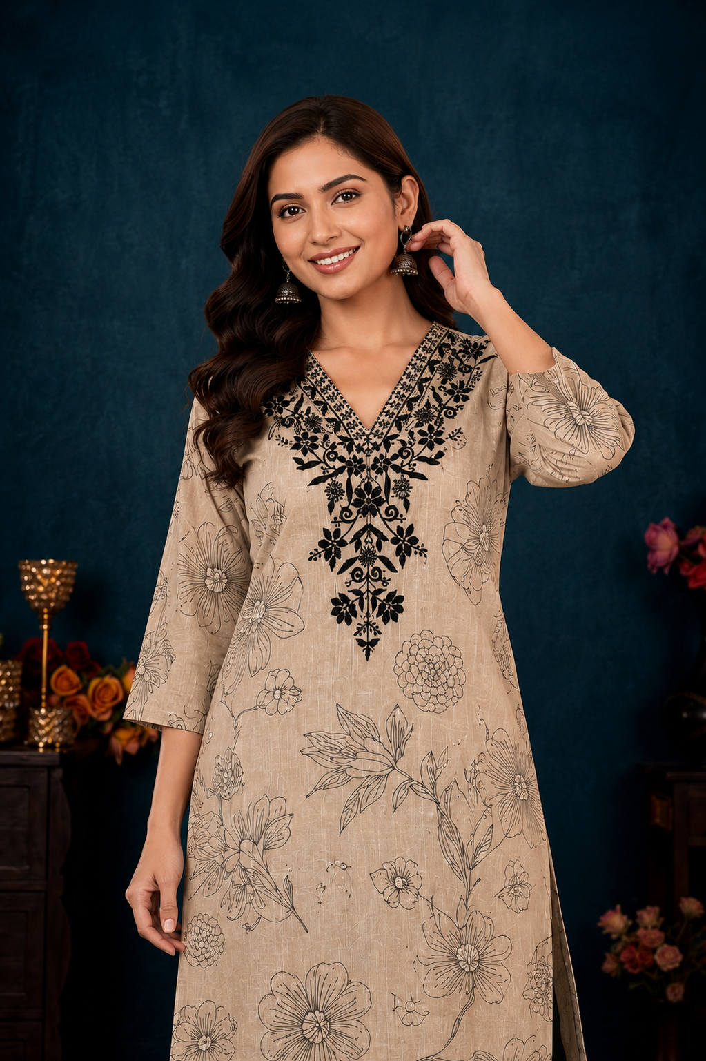 Women's Beige Floral Printed Straight Kurti with Black Embroidered V-Neck