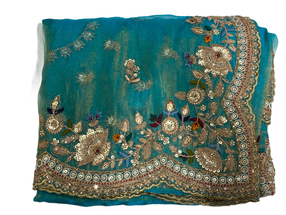 Turquoise Organza Saree with Intricate Zari & Sequin Embroidery