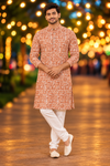 Men’s Orange Ethnic Print Kurta