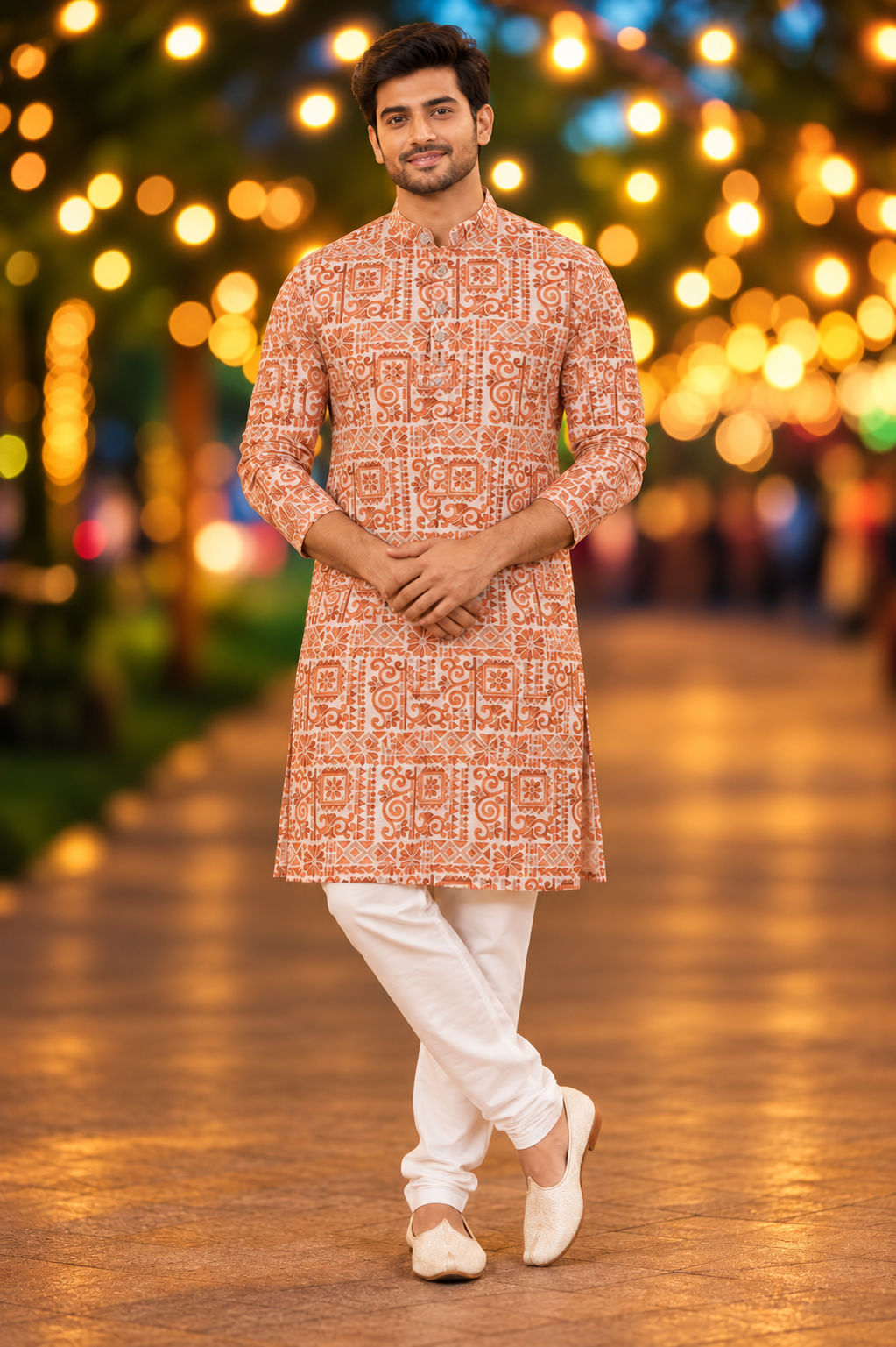 Men’s Orange Ethnic Print Kurta
