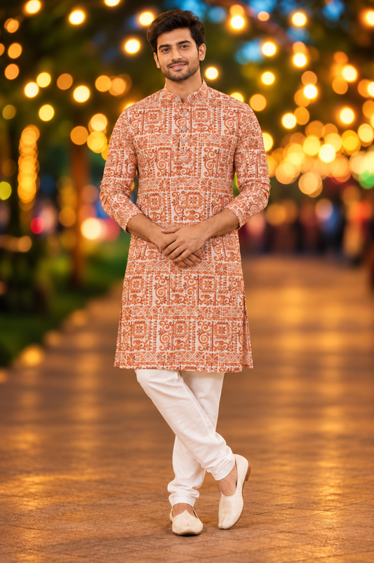 Men’s Orange Ethnic Print Kurta