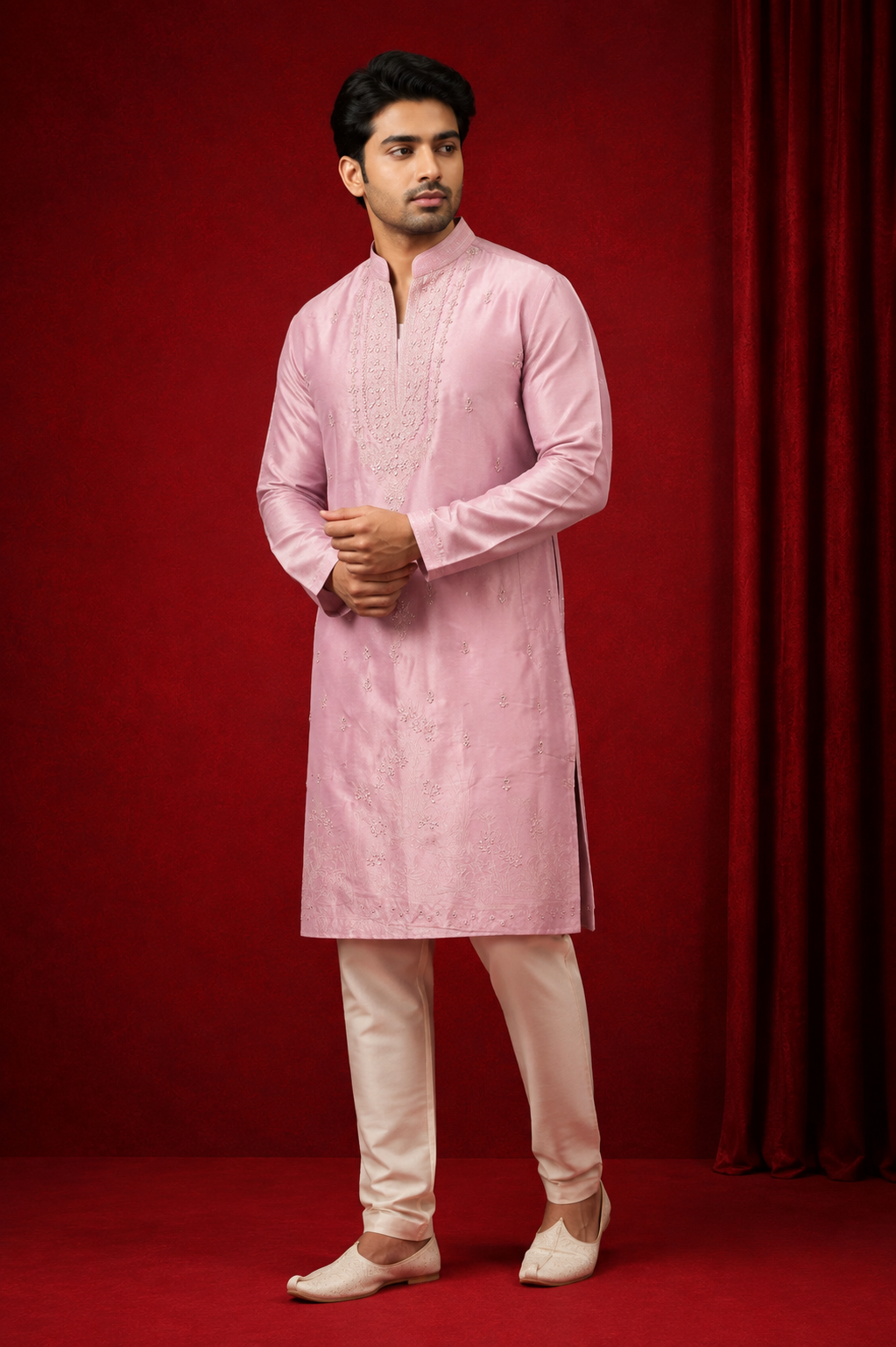 Classic Blush Pink Embroidered Men’s Kurta Set