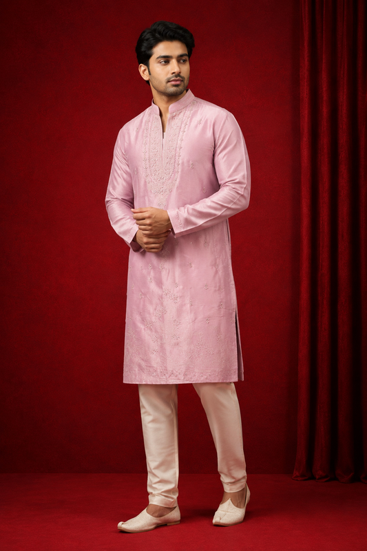 Classic Blush Pink Embroidered Men’s Kurta Set