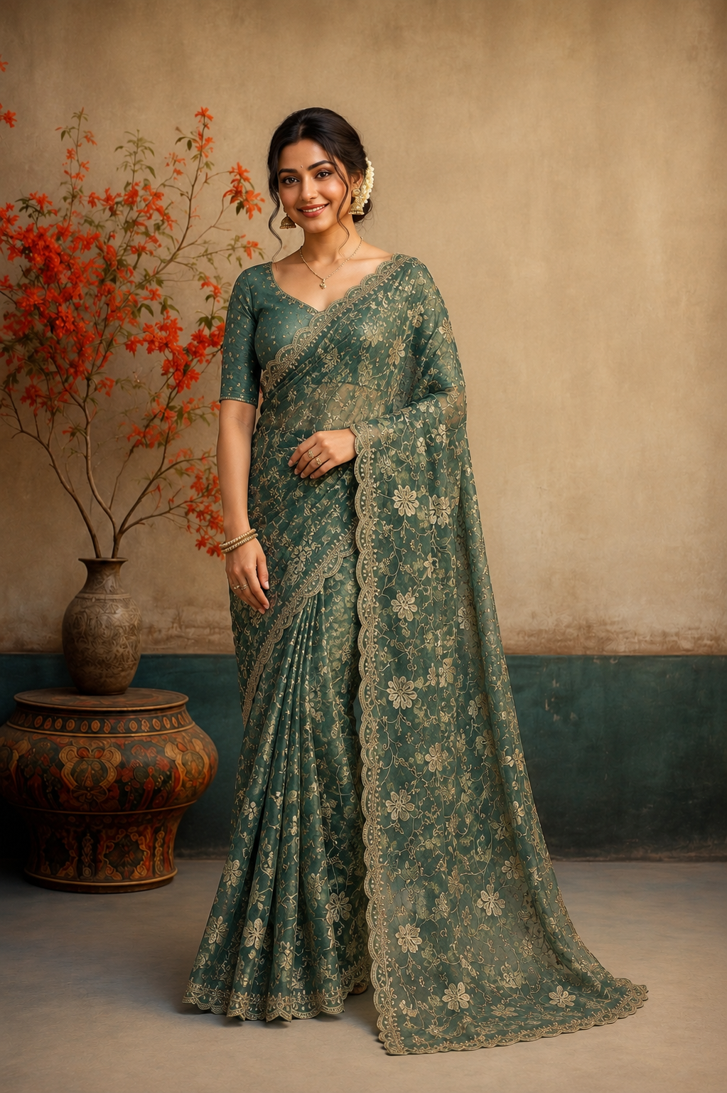 Elegant Sage Green Floral Embroidered Saree with Delicate Lace Border