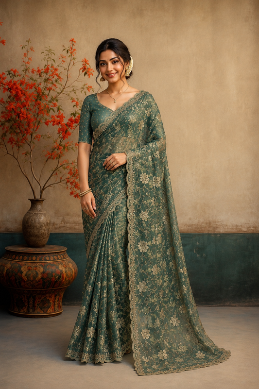 Elegant Sage Green Floral Embroidered Saree with Delicate Lace Border