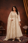 Elegant Cream Embroidered Anarkali Kurta Set with Floral Dupatta | Women's Festive Ethnic Wear