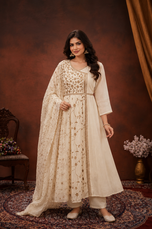 Elegant Cream Embroidered Anarkali Kurta Set with Floral Dupatta | Women's Festive Ethnic Wear