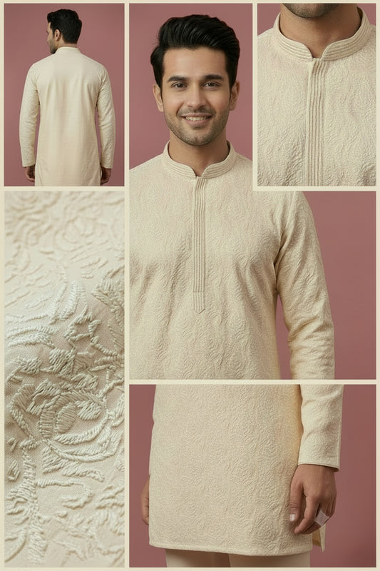 Men’s Ivory Textured Festive Kurta