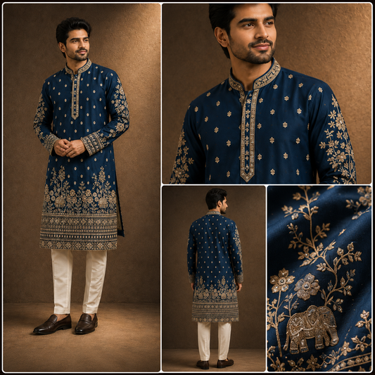 Royal Navy Blue Heavily Embroidered Kurta