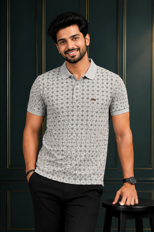 Men's Premium Light Grey Printed Polo T-Shirt | Soft Cotton Blend | Smart Half Sleeve Polo
