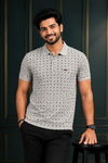 Men's Premium Light Grey Printed Polo T-Shirt | Soft Cotton Blend | Smart Half Sleeve Polo