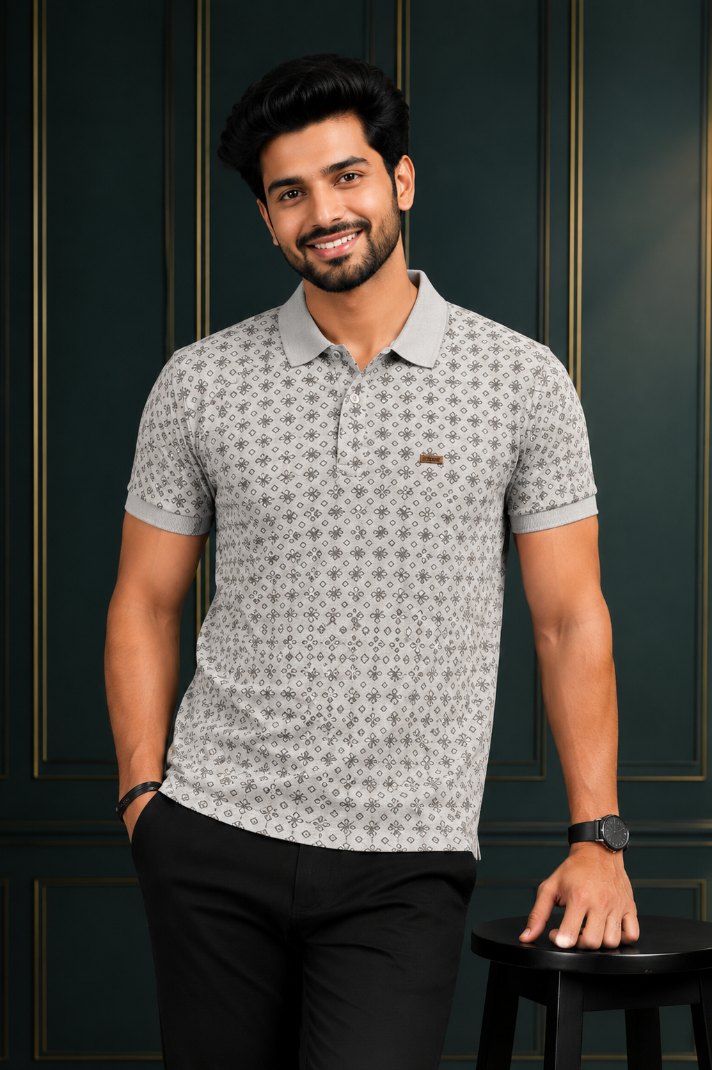 Men's Premium Light Grey Printed Polo T-Shirt | Soft Cotton Blend | Smart Half Sleeve Polo