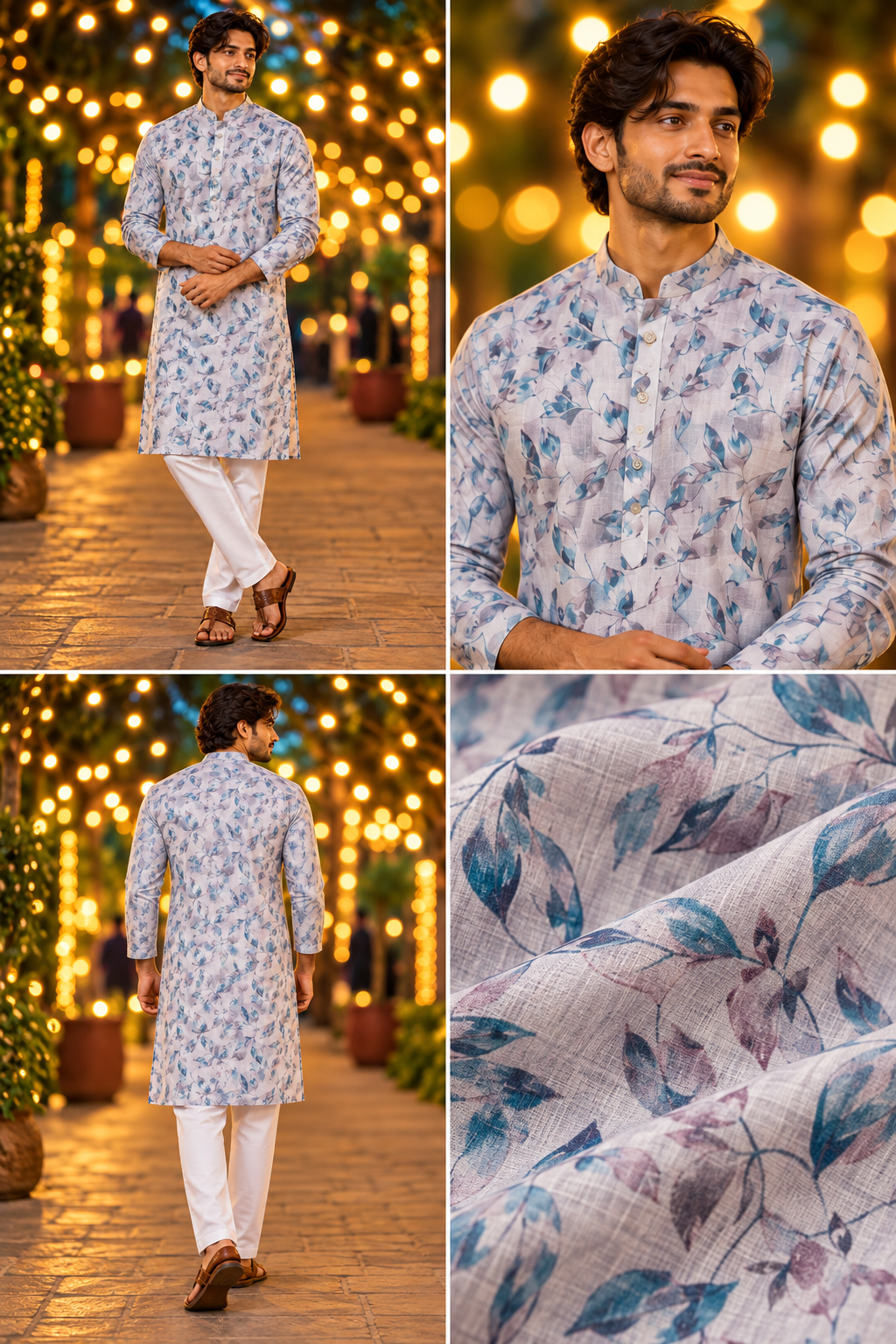 Men’s Pastel Blue Floral Print Only Kurta