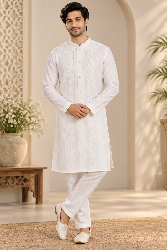 Ivory White Embroidered Men’s Kurta