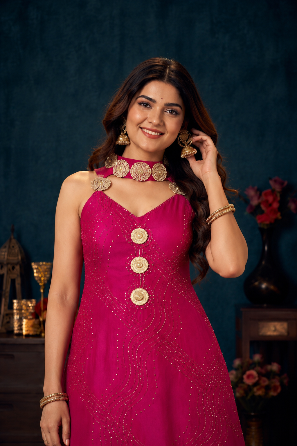 Fuchsia Pink Embellished Designer Anarkali Gown with Palazzo