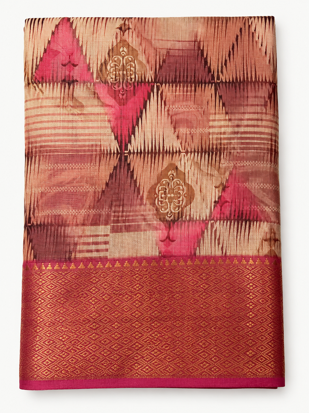 Elegant Pink & Beige Printed  Blend Saree with Rich  Zari Border