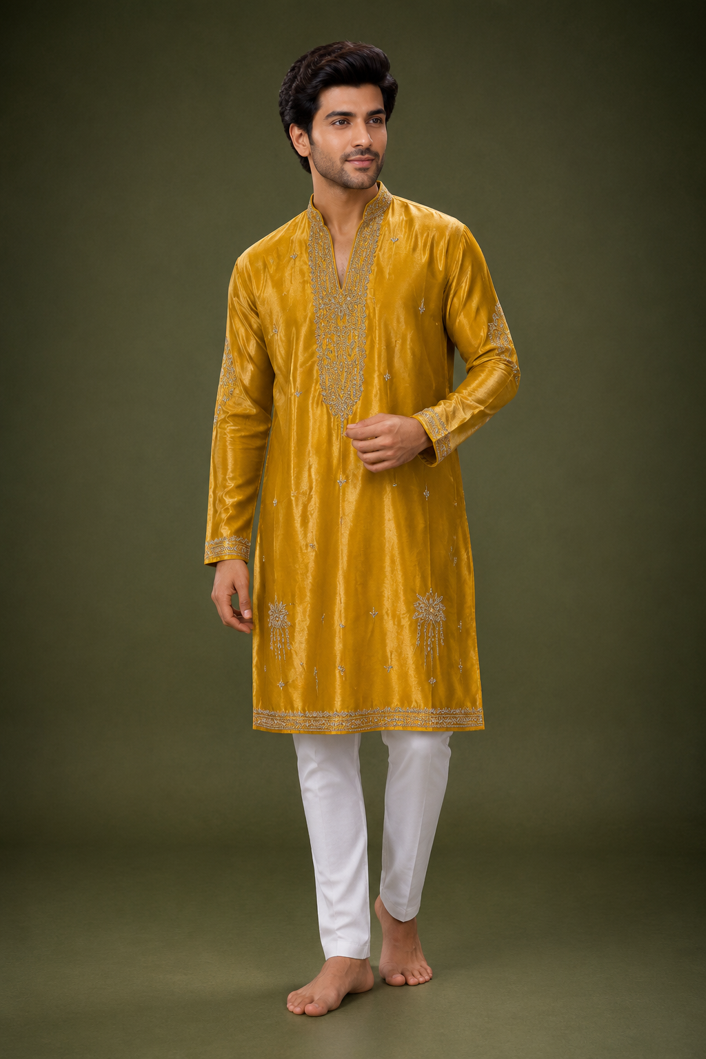 Mustard Yellow Embroidered Festive Kurta