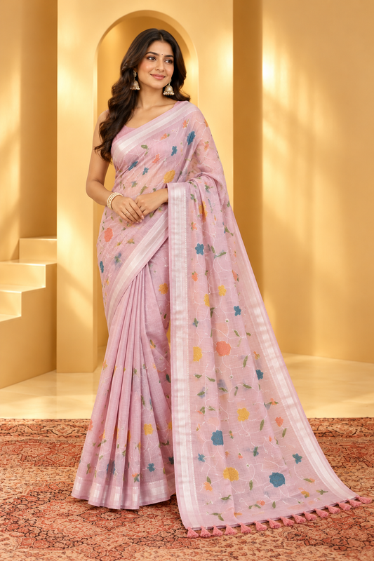 Elegant Pastel Pink Floral Embroidered Saree