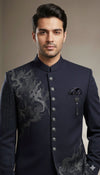 Exclusive Navy Partywear Bandhgala Jacket with Artistic Embroidery