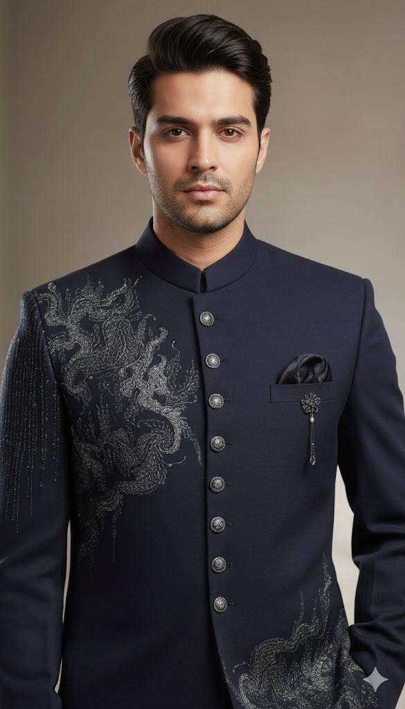 Exclusive Navy Partywear Bandhgala Jacket with Artistic Embroidery