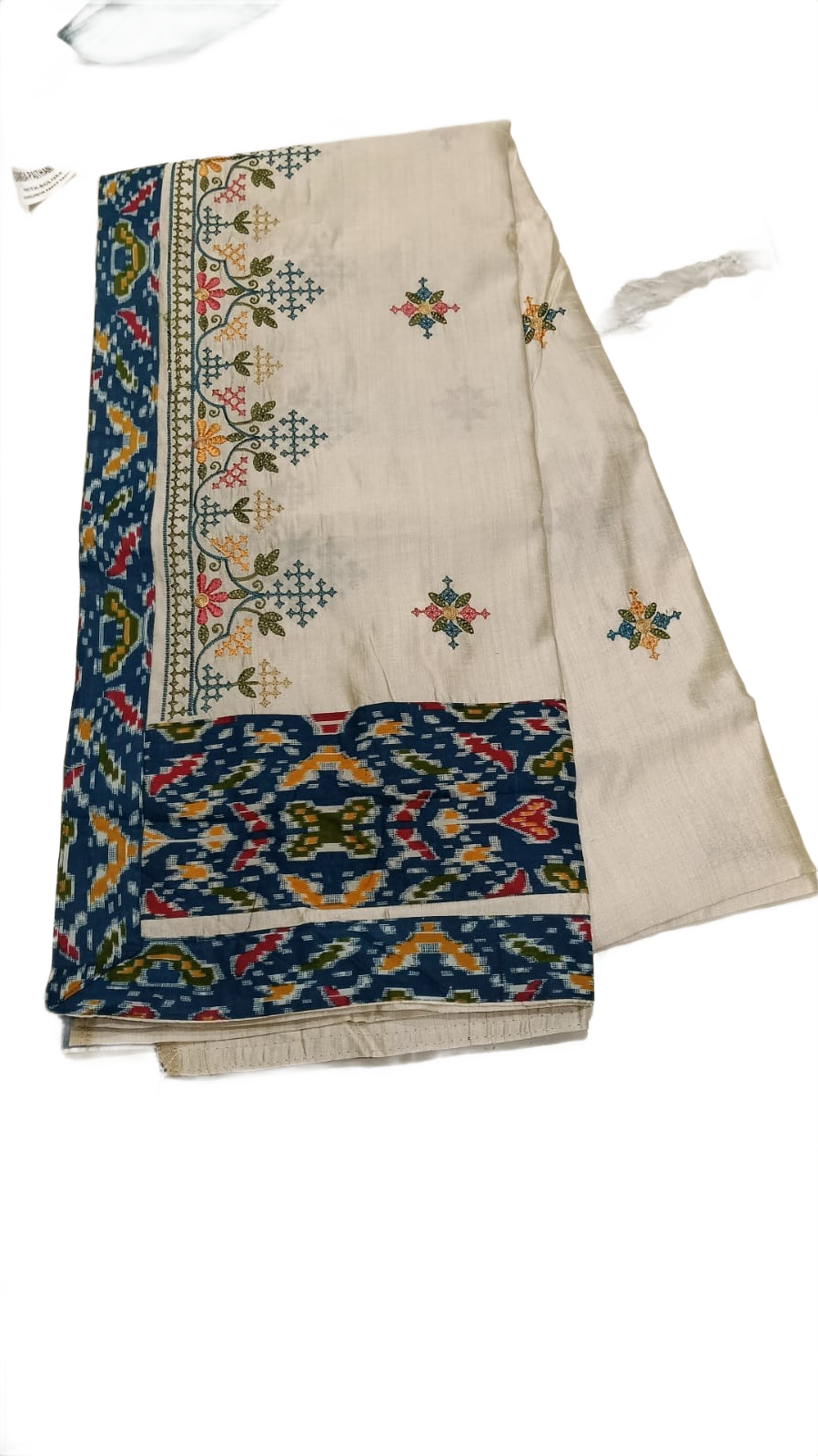 Elegant Cream Saree with Blue Patola Border