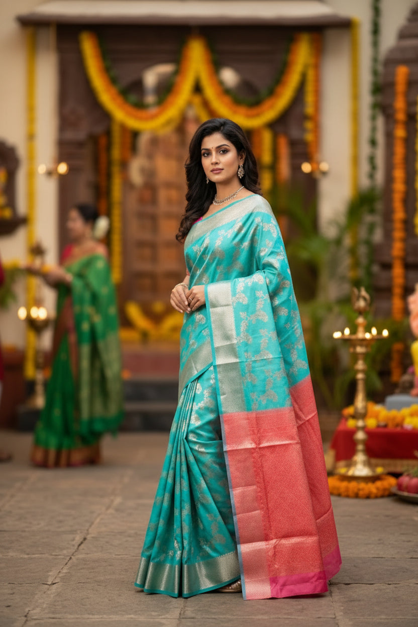 Elegant Turquoise & Pink Jacquard Silk Saree