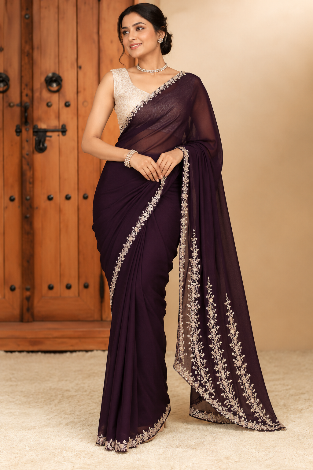 Elegant Plum Embroidered Saree