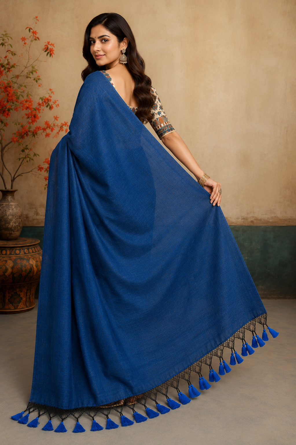 Royal Blue Linen Blend Saree with Handcrafted Tassel Pallu & Designer Embroidered Blouse