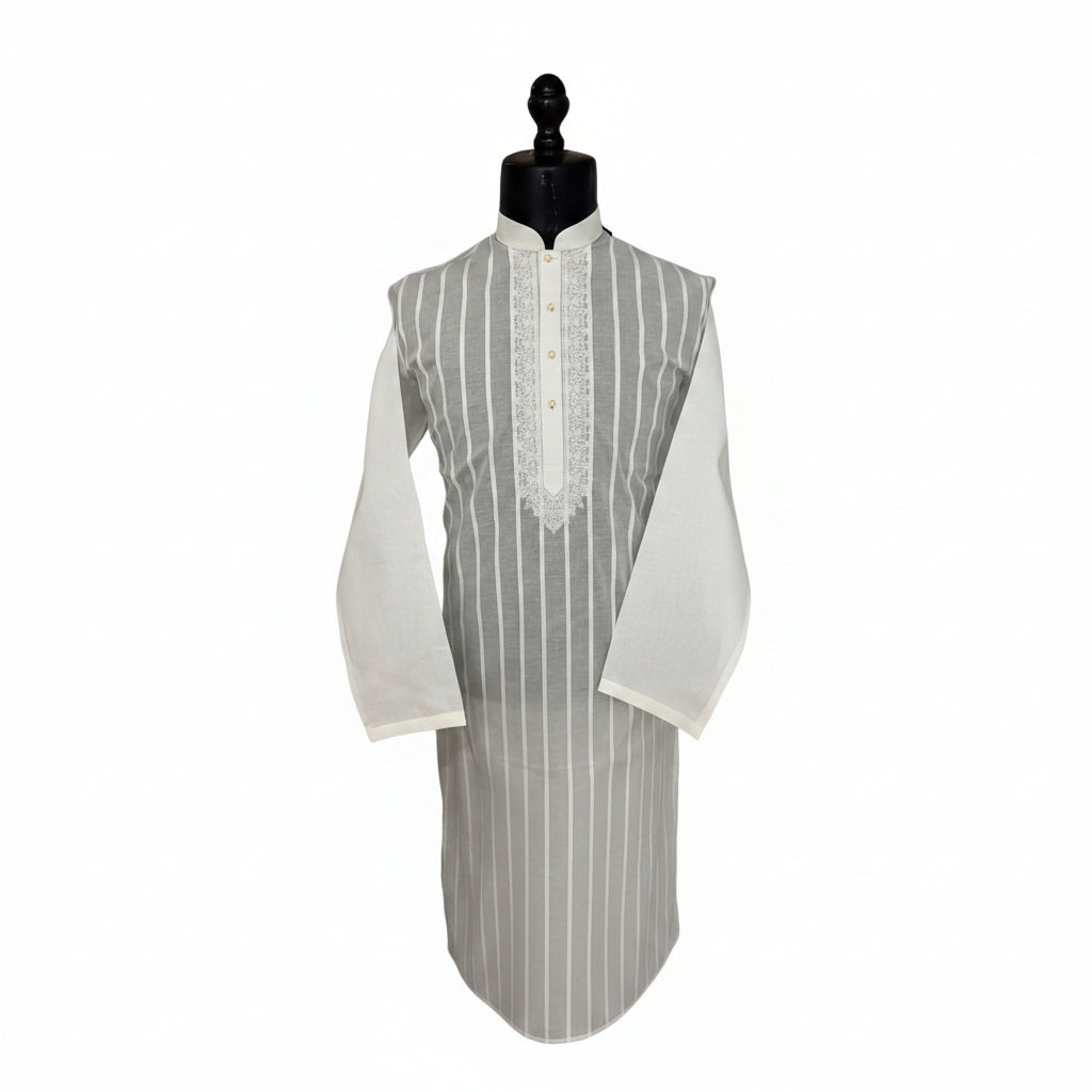 White Striped Embroidered Kurta Pajama for Men