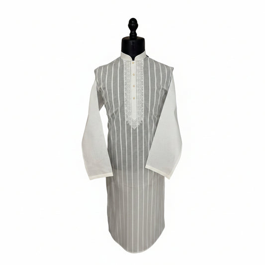 White Striped Embroidered Kurta Pajama for Men