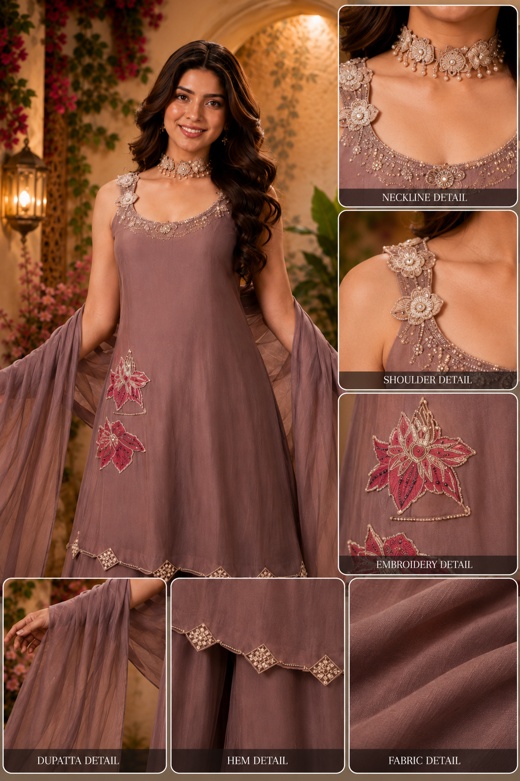 Embroidered Designer Kurta Set with Palazzo & Chiffon Dupatta