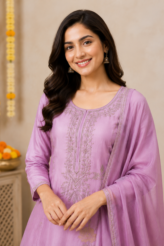 Lavender Embroidered Kurta Pant & Dupatta Set