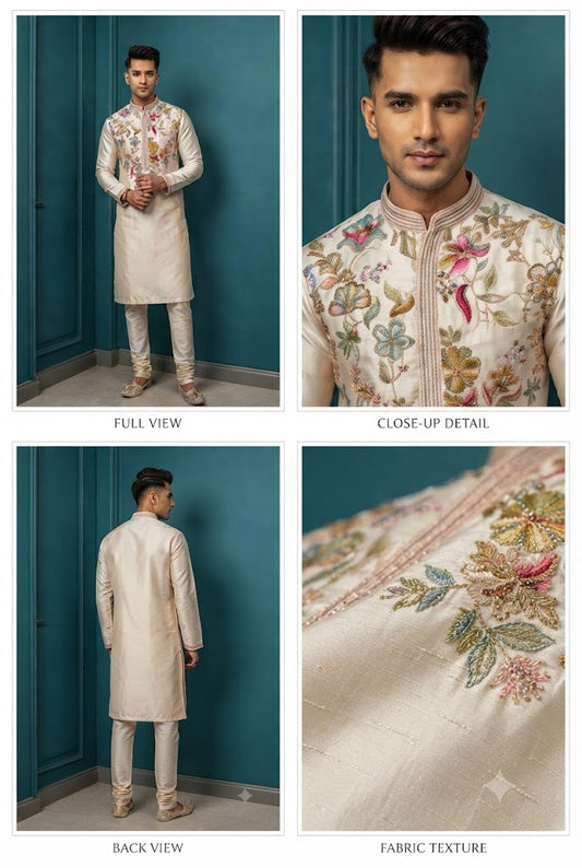 Ivory Floral Embroidered Festive Kurta