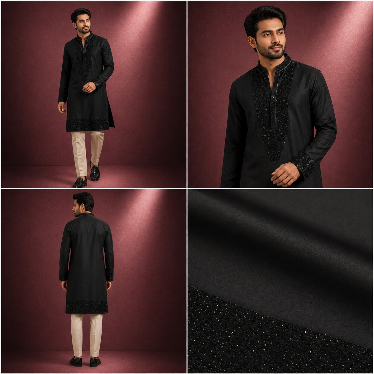 Jet Black Heavily Embroidered Silk Kurta