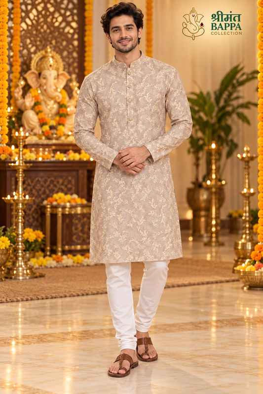 Men's Beige Leaf Printed Long Sleeve Kurta