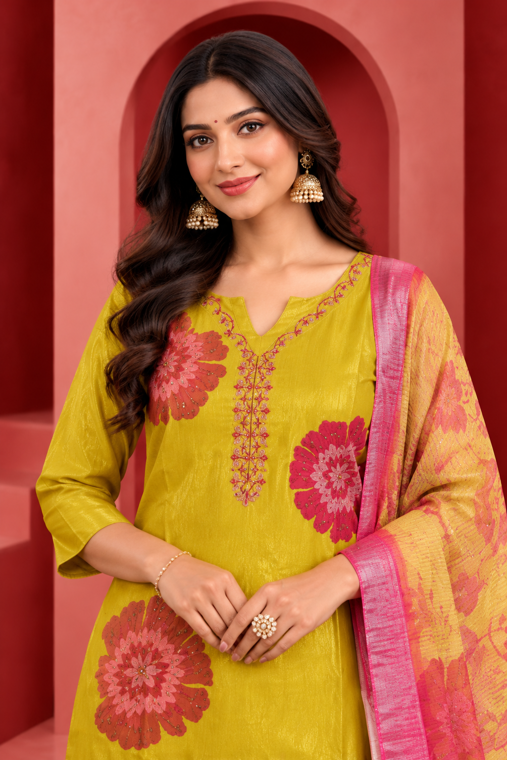Elegant Mustard Yellow Floral Kurta Pant Set with Dupatta